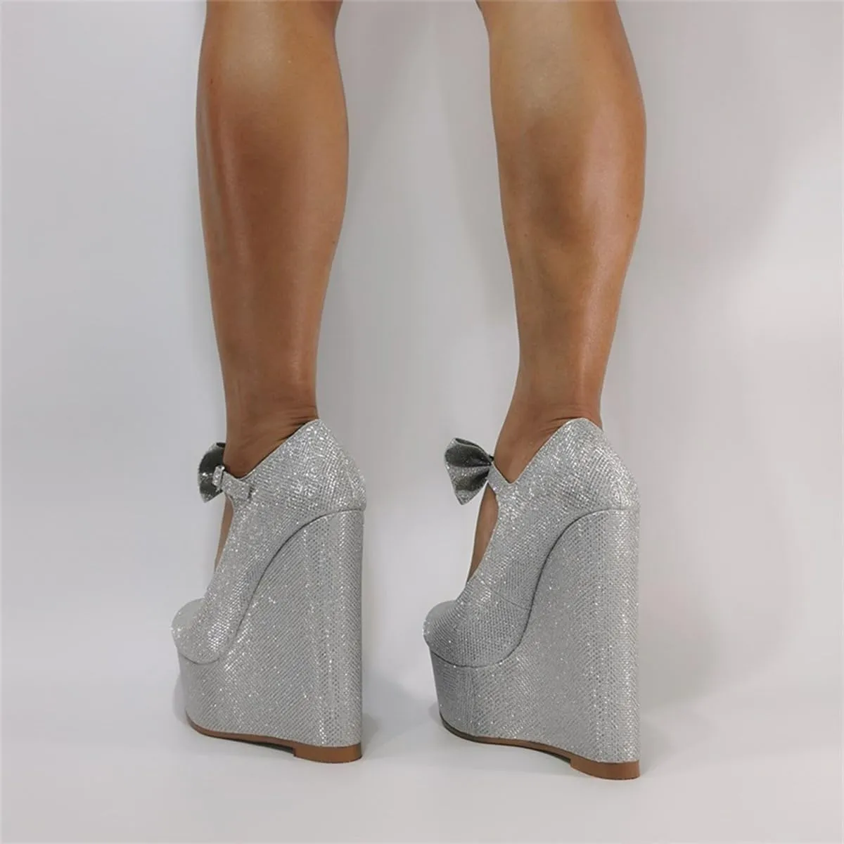 High Heels for Women | Sparkling Silver Platform Sandals with Bow Ankle Straps | Beach Weddings, Pole Dance & Evening Parties,Silver,45