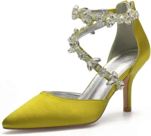 High Heels Wedding Shoes for Bride Pointed Toe Satin Crystals Formal Party Dress Pumps Women 602-7