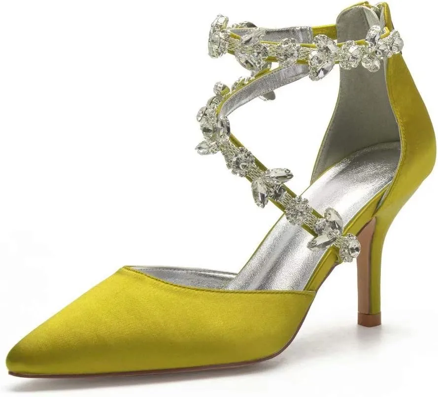 High Heels Wedding Shoes for Bride Pointed Toe Satin Crystals Formal Party Dress Pumps Women 602-7