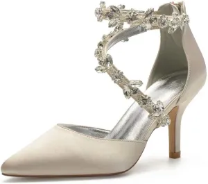 High Heels Wedding Shoes for Bride Pointed Toe Satin Crystals Formal Party Dress Pumps Women 602-7