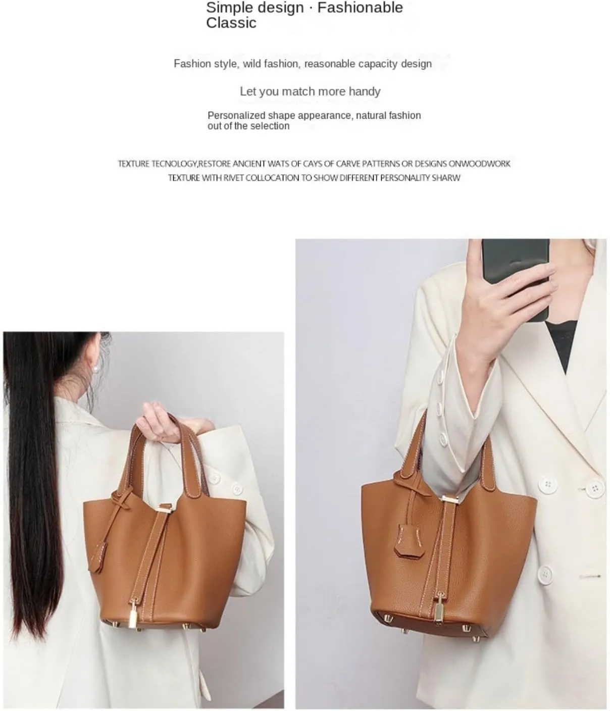 High version leather women's bag, bucket bag, exquisite and high -level head -up cowhide handbag
