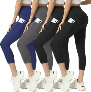 High Waisted Yoga Leggings for Women 4 Pack - Tummy Control Workout Capris with Pockets