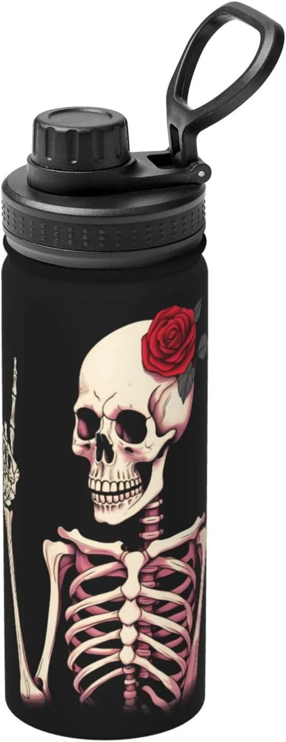 Hippie Skeleton Sport Water Bottles with Lid, Love Red Rose Insulated Stainless Steel Water Bottles Jug Thermo Mug for Fitness 18 Oz Hot Cold