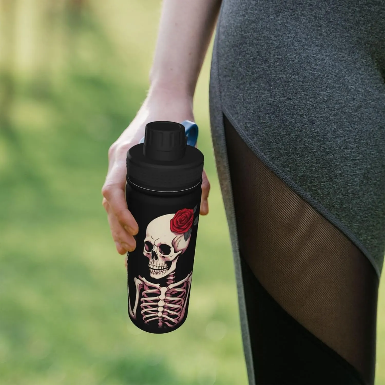 Hippie Skeleton Sport Water Bottles with Lid, Love Red Rose Insulated Stainless Steel Water Bottles Jug Thermo Mug for Fitness 18 Oz Hot Cold