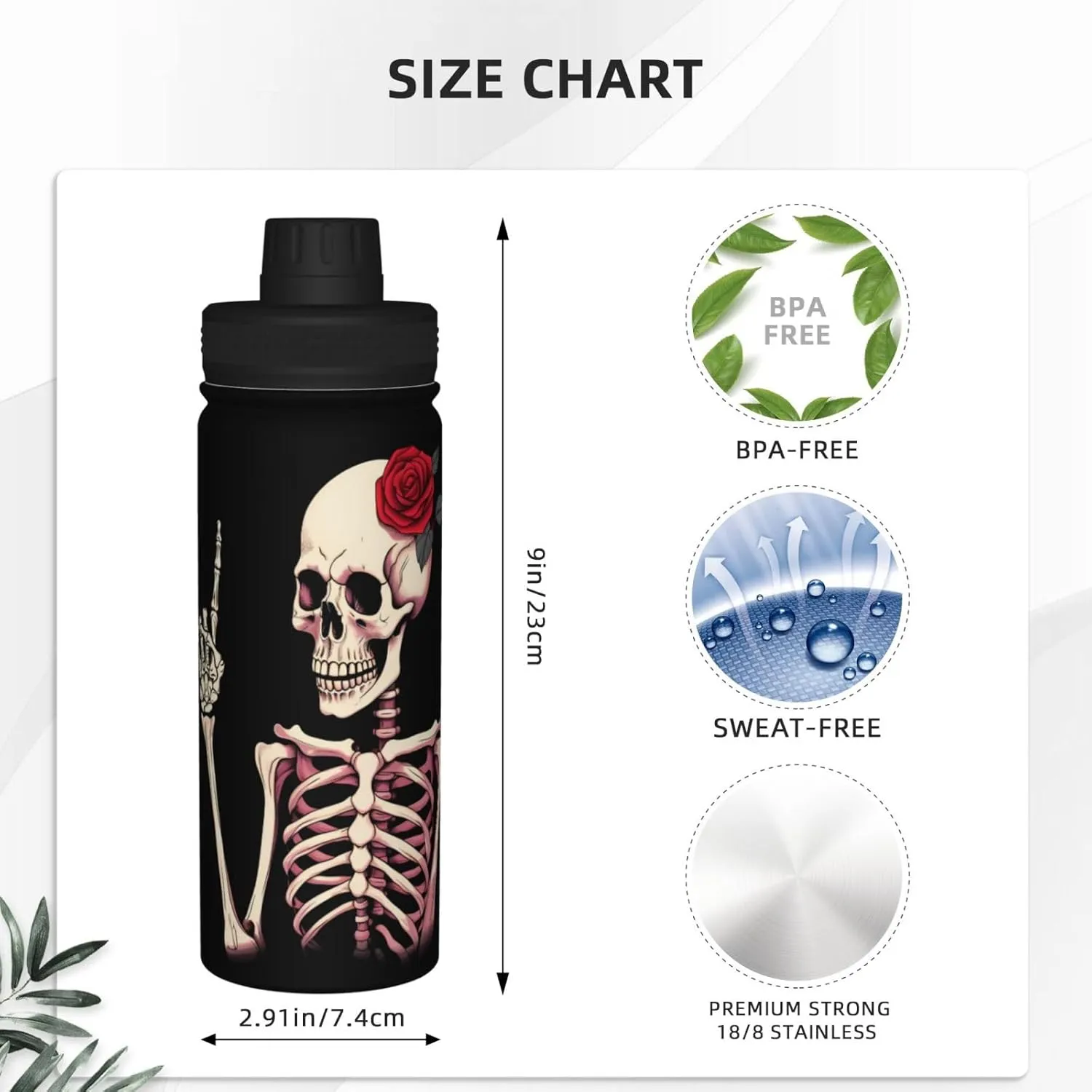 Hippie Skeleton Sport Water Bottles with Lid, Love Red Rose Insulated Stainless Steel Water Bottles Jug Thermo Mug for Fitness 18 Oz Hot Cold