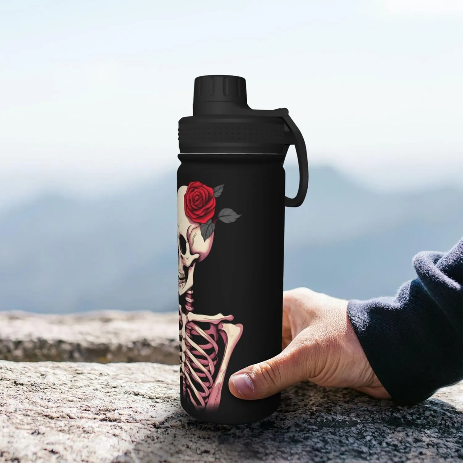 Hippie Skeleton Sport Water Bottles with Lid, Love Red Rose Insulated Stainless Steel Water Bottles Jug Thermo Mug for Fitness 18 Oz Hot Cold