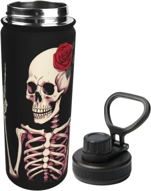 Hippie Skeleton Sport Water Bottles with Lid, Love Red Rose Insulated Stainless Steel Water Bottles Jug Thermo Mug for Fitness 18 Oz Hot Cold