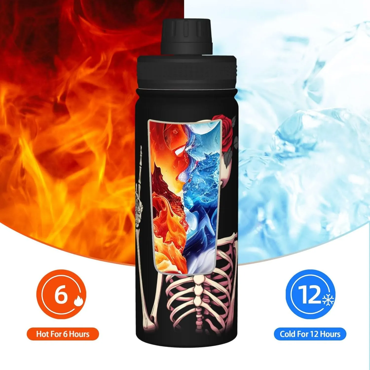 Hippie Skeleton Sport Water Bottles with Lid, Love Red Rose Insulated Stainless Steel Water Bottles Jug Thermo Mug for Fitness 18 Oz Hot Cold