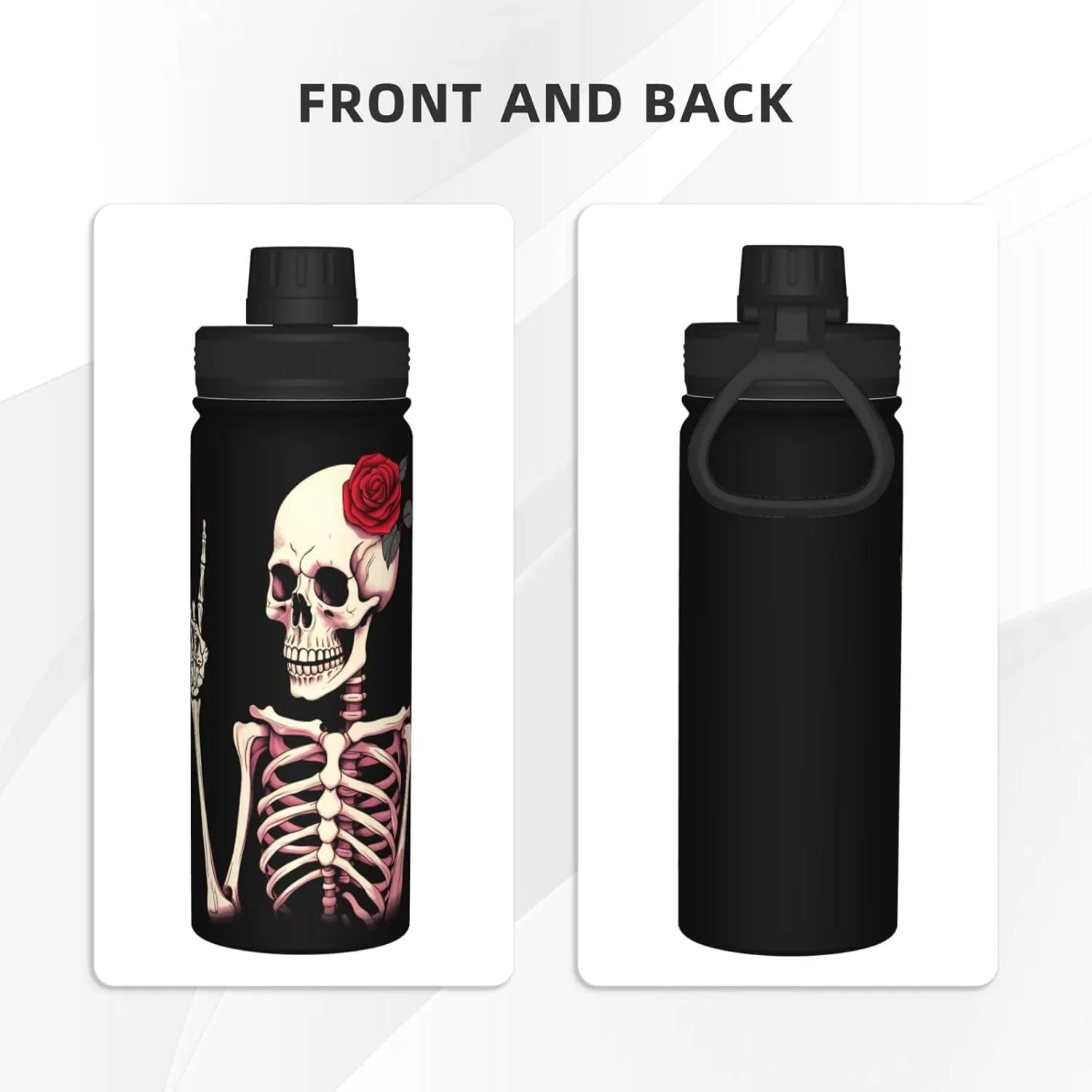 Hippie Skeleton Sport Water Bottles with Lid, Love Red Rose Insulated Stainless Steel Water Bottles Jug Thermo Mug for Fitness 18 Oz Hot Cold