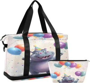 Hippo and Balloons Travel Duffel Bag Waterproof Gym Sport Tote Bag Carry On Weekender Bag with Compartment