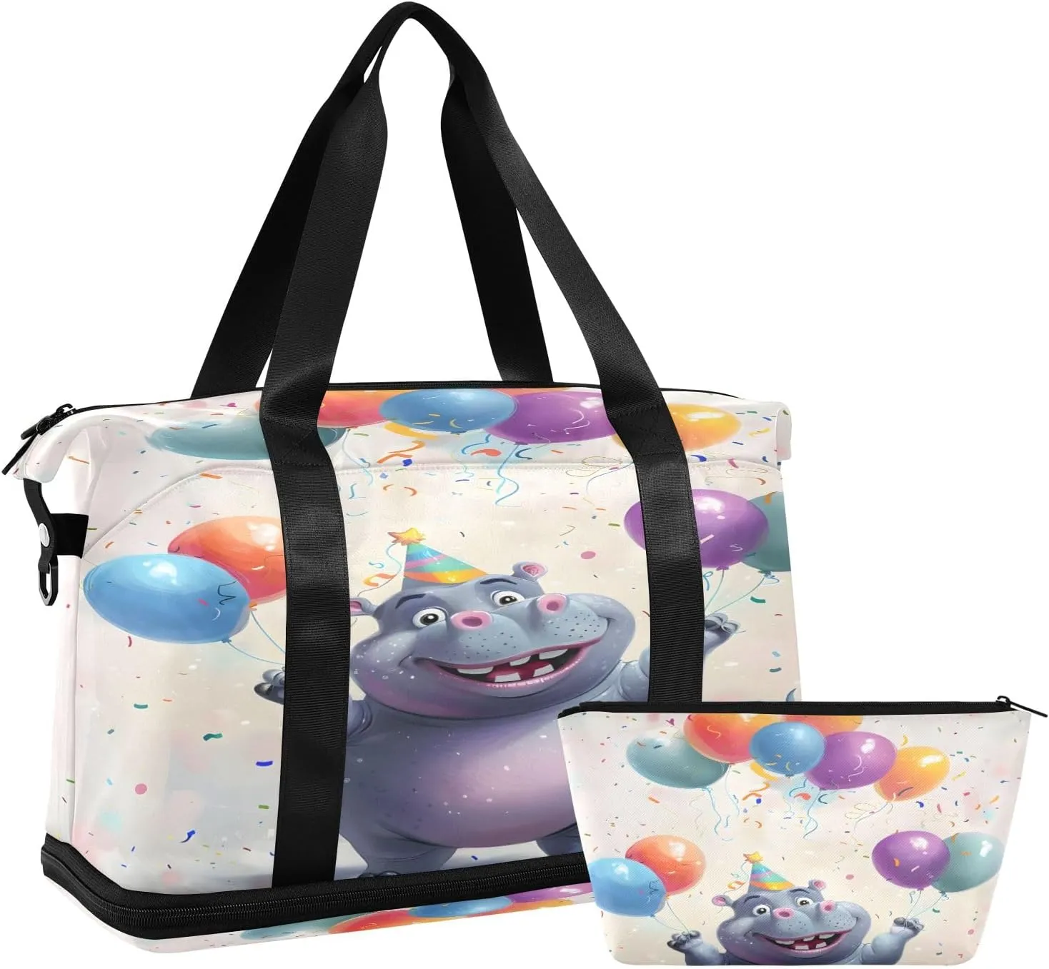 Hippo and Balloons Travel Duffel Bag Waterproof Gym Sport Tote Bag Carry On Weekender Bag with Compartment