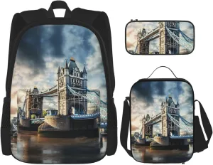 Historic Old Tower Bridge London Print Stylish Travel Backpack And Lunch Box Set,600d Oxford Fabric,With Insulated Lunch Bag