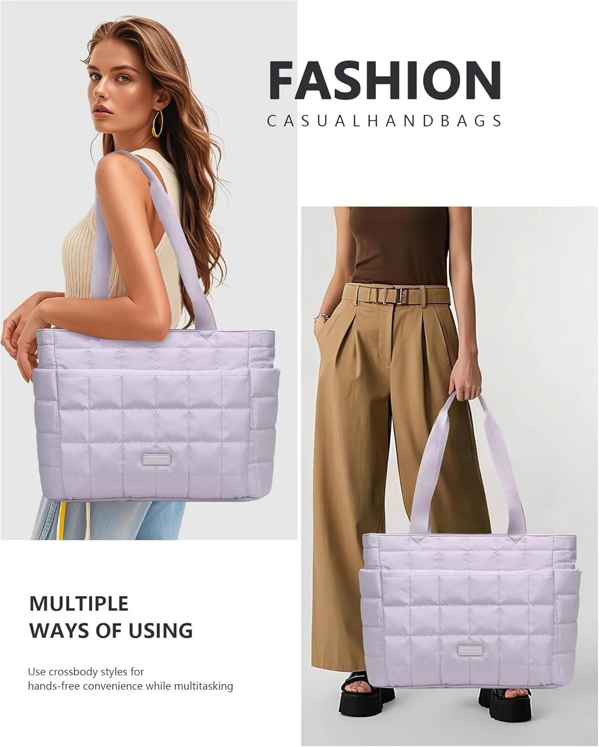HKCLUF Quilted Puffer Tote Bag for Women 20L Lightweight Waterproof Large Work Travel Gym Tote Bag with Laptop Compartment