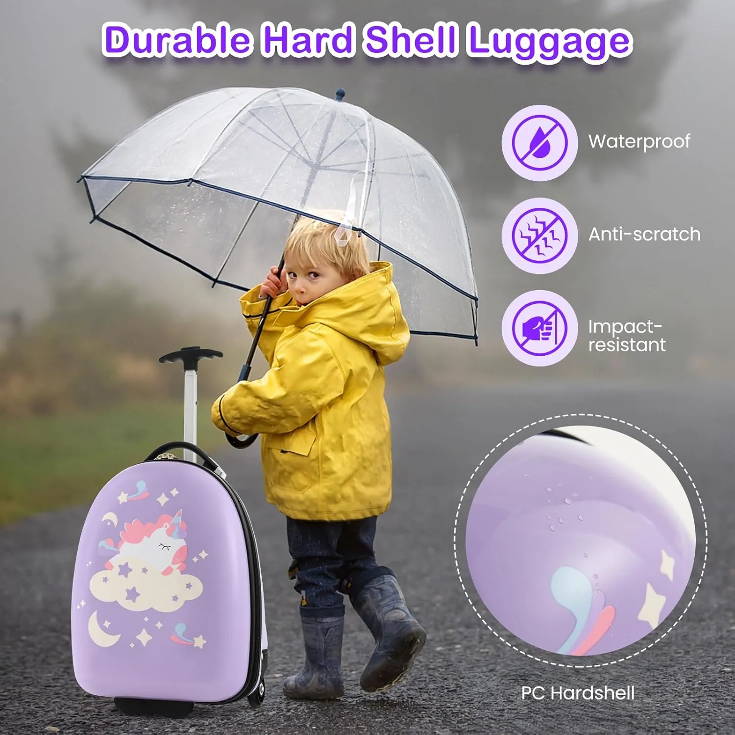 HONEY JOY Kids Luggage, 16” Children Rolling Suitcase w/Wheels & Telescopic Handle, Hard Shell Lightweight Travel Luggage for Toddlers, Carry On Luggage with Wheels for Boys Girls(Purple Unicorn)