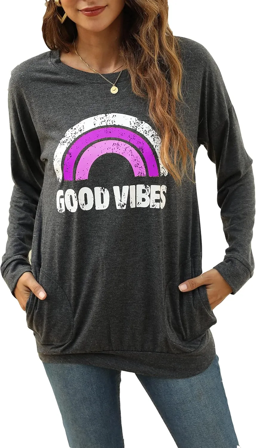 Hount Womens Casual Loose Fit Shirts Long Sleeve Comfy T-Shirts Pullover Sweatshirts With Pockets