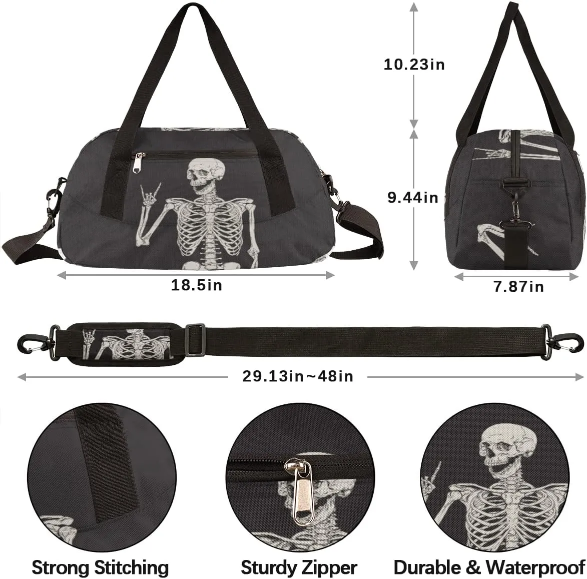 Human Skeleton Skull Gym Bag for Women and Men,Day Of The Dead Halloween Small Duffel Bag for Sports, Gyms, Yoga, Weekend Getaway, Travel Overnight Bag Workout Bag Cheer Dance Bag for Girls Boys Teen