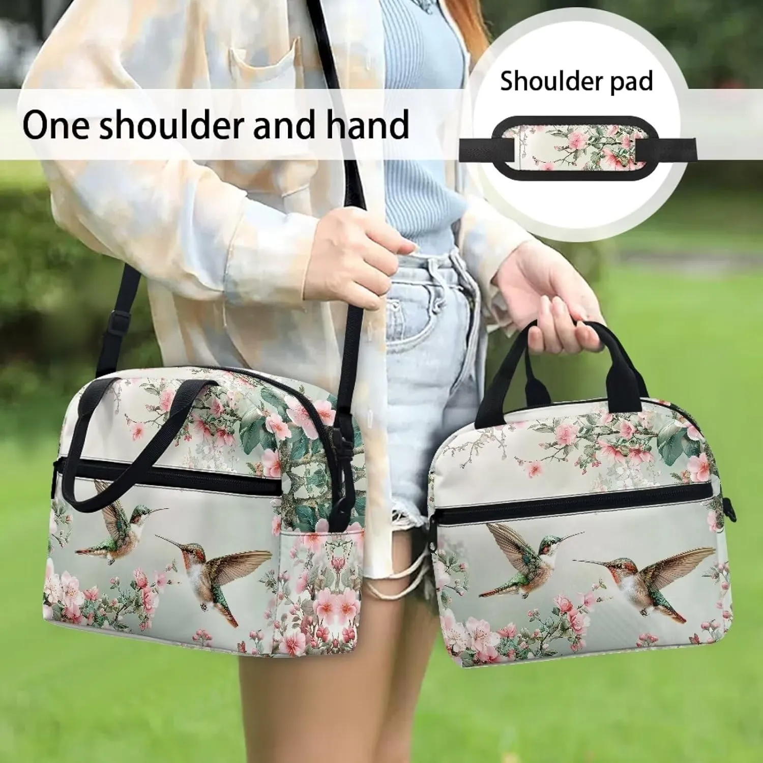 Hummingbird Floral Lunch Bag Reusable Insulated Lunch Box Portable Meal Tote Bag for Kids Adults Work School Travel Picnic