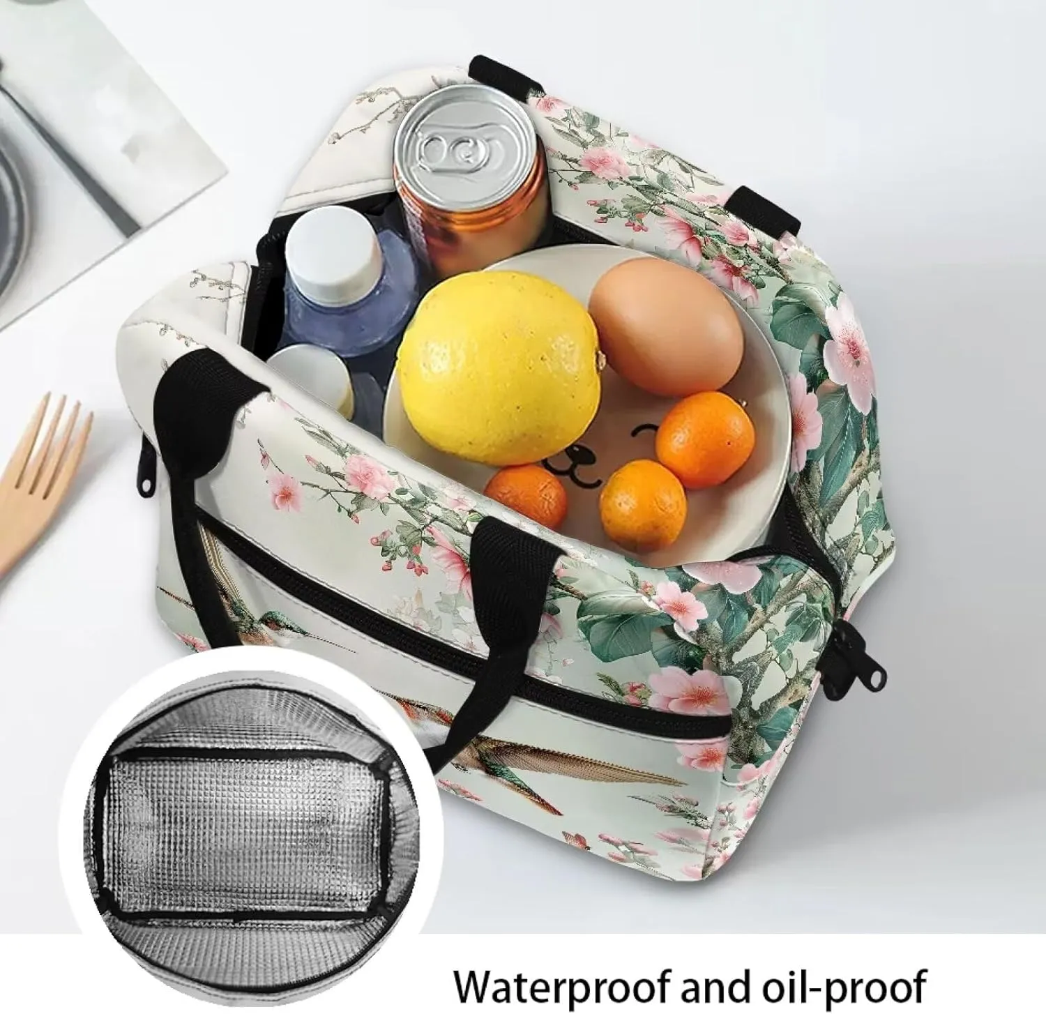 Hummingbird Floral Lunch Bag Reusable Insulated Lunch Box Portable Meal Tote Bag for Kids Adults Work School Travel Picnic