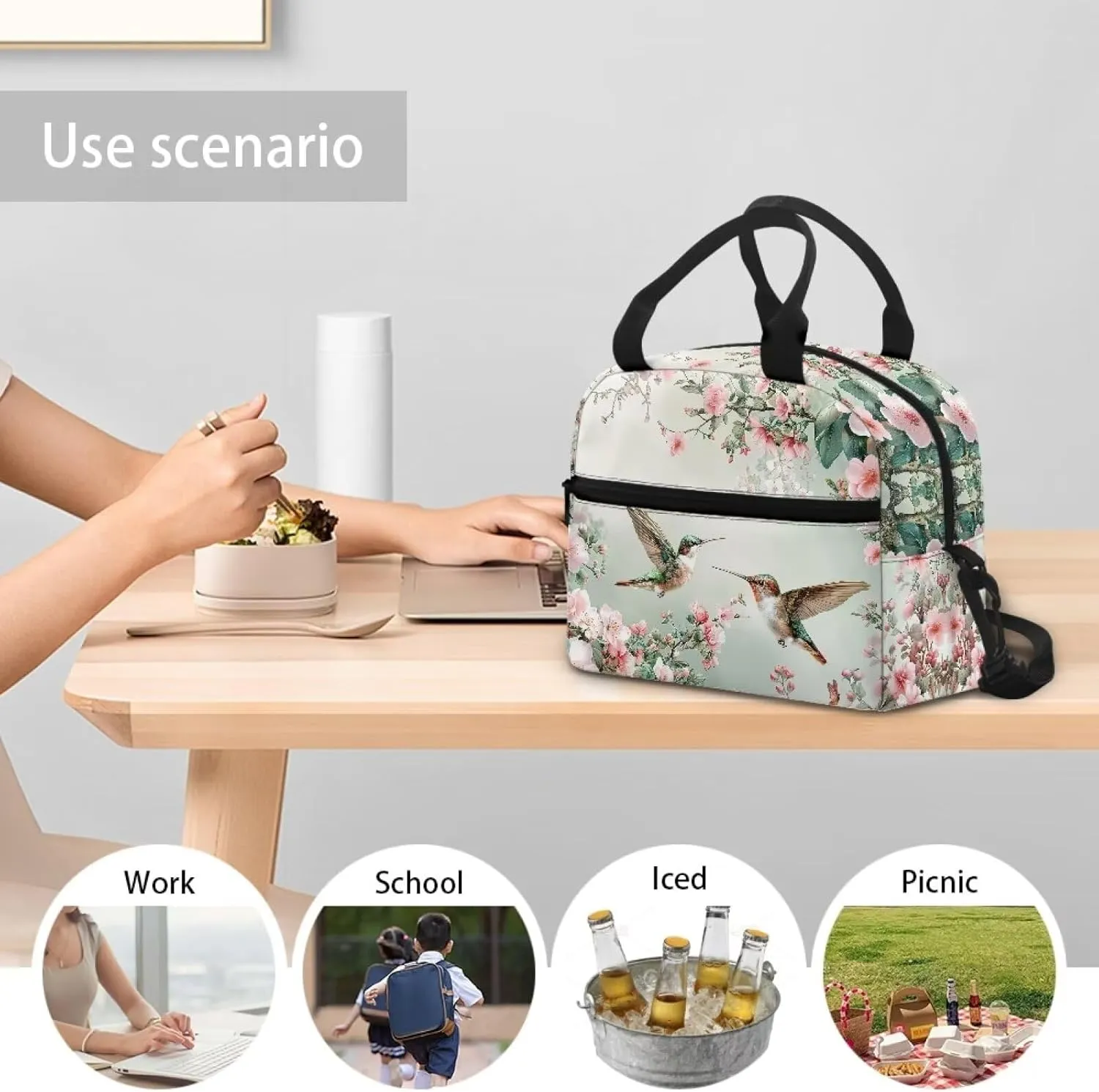 Hummingbird Floral Lunch Bag Reusable Insulated Lunch Box Portable Meal Tote Bag for Kids Adults Work School Travel Picnic