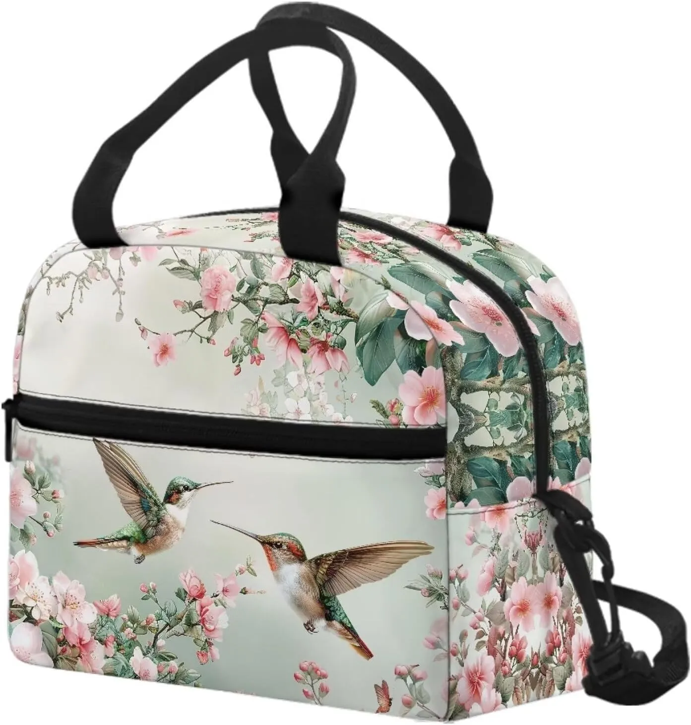 Hummingbird Floral Lunch Bag Reusable Insulated Lunch Box Portable Meal Tote Bag for Kids Adults Work School Travel Picnic