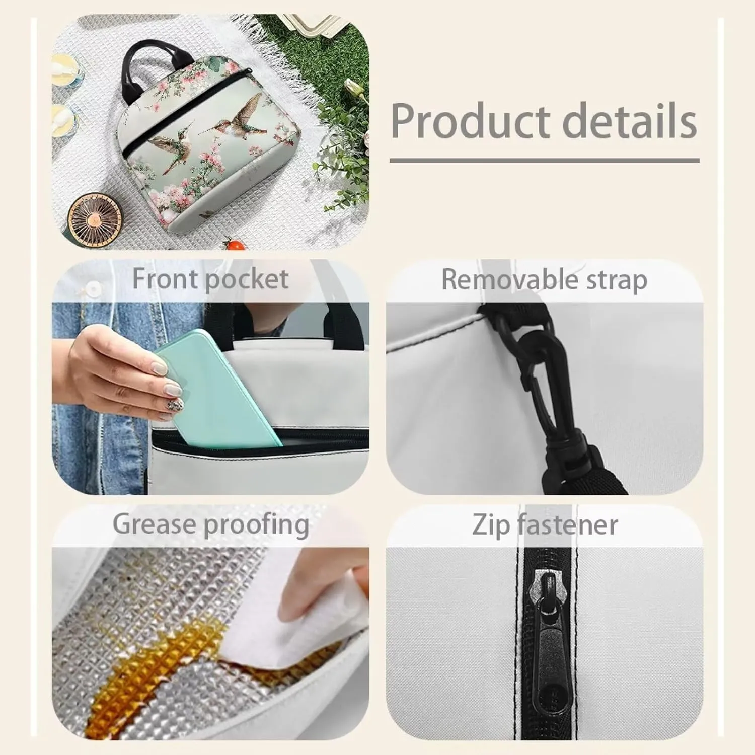 Hummingbird Floral Lunch Bag Reusable Insulated Lunch Box Portable Meal Tote Bag for Kids Adults Work School Travel Picnic