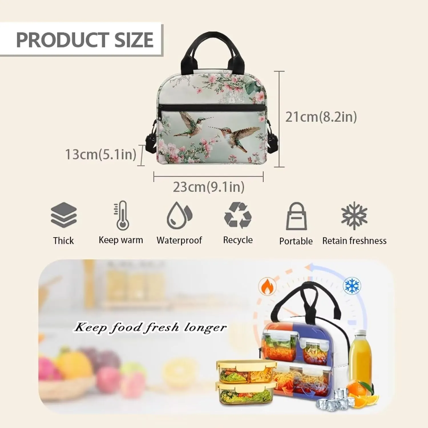 Hummingbird Floral Lunch Bag Reusable Insulated Lunch Box Portable Meal Tote Bag for Kids Adults Work School Travel Picnic