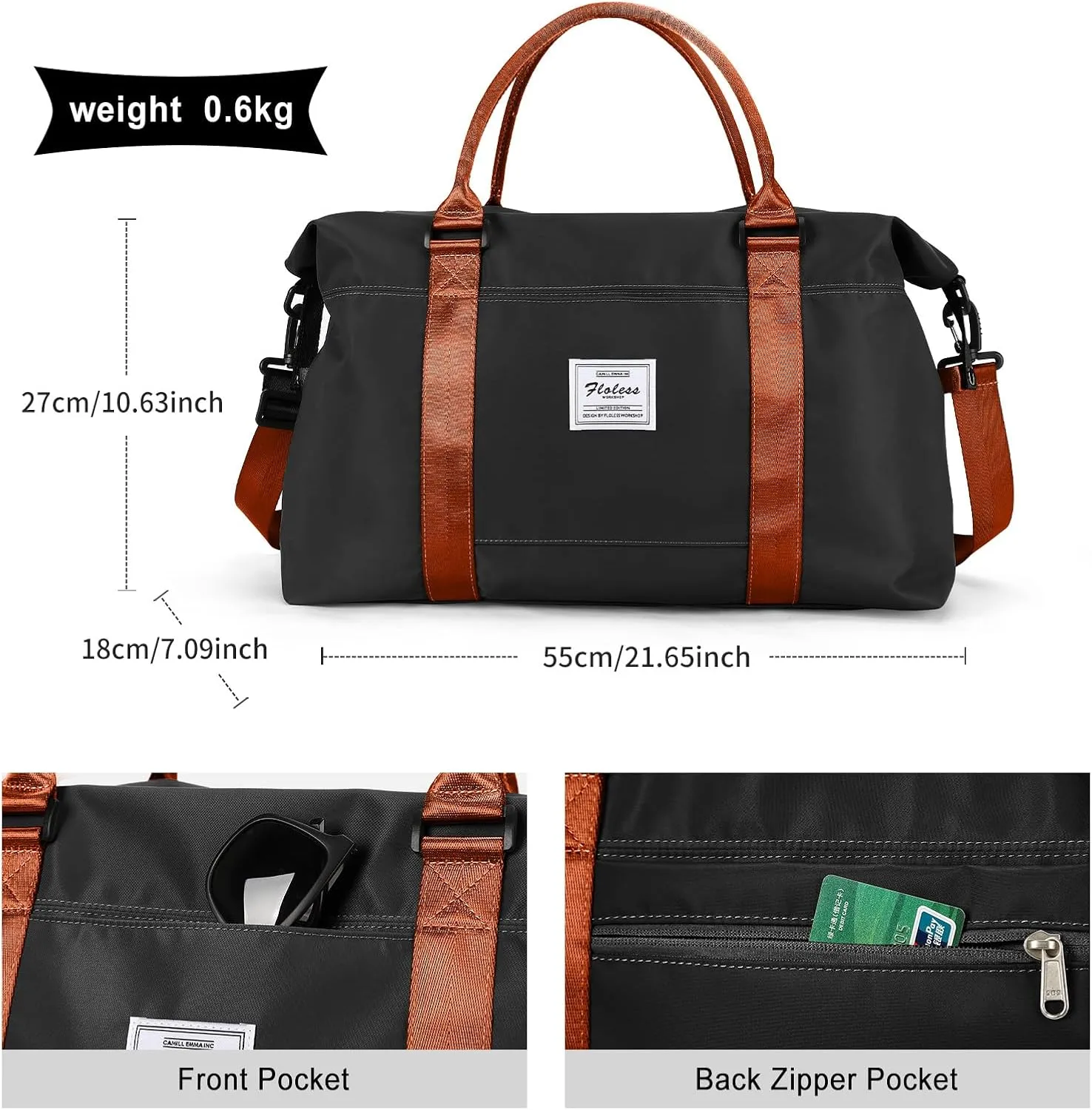 HYC00 Travel Duffel Bag with Toiletry Bag, Sports Tote Gym Bag, Shoulder Weekender Overnight Bag for Women,Black & Brown