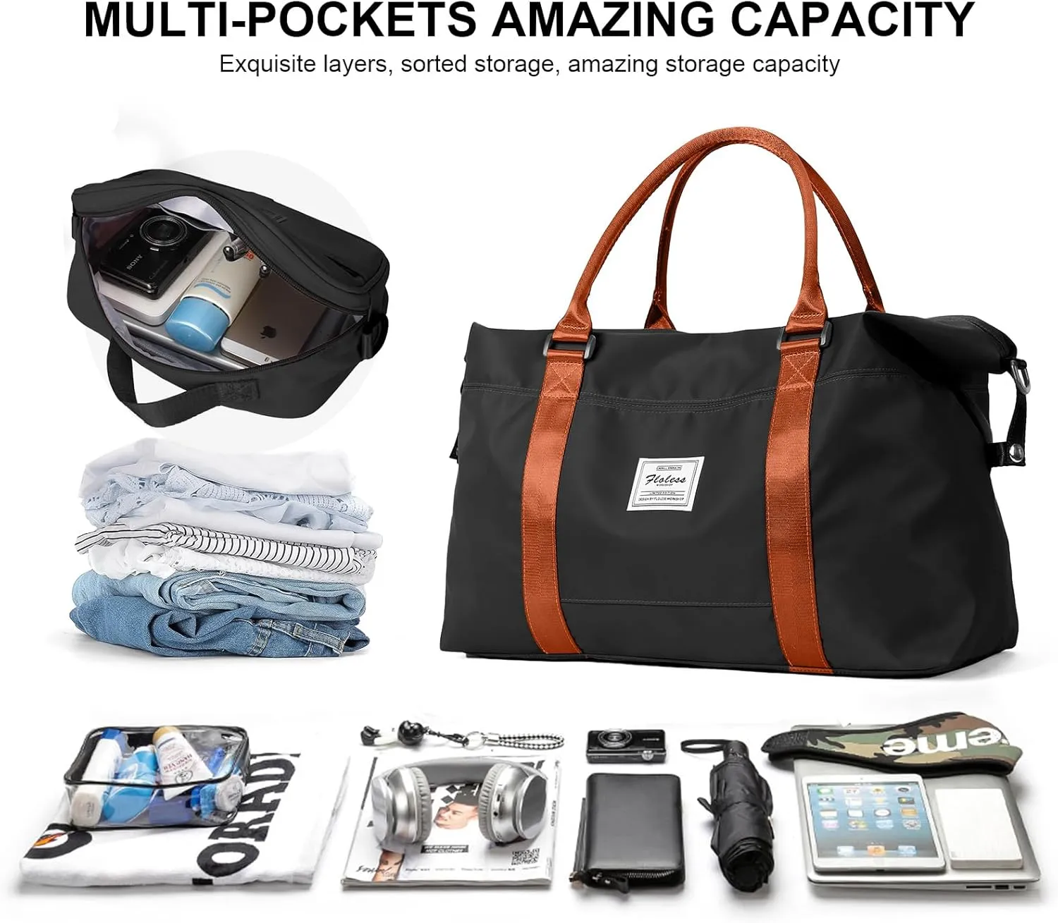 HYC00 Travel Duffel Bag with Toiletry Bag, Sports Tote Gym Bag, Shoulder Weekender Overnight Bag for Women,Black & Brown