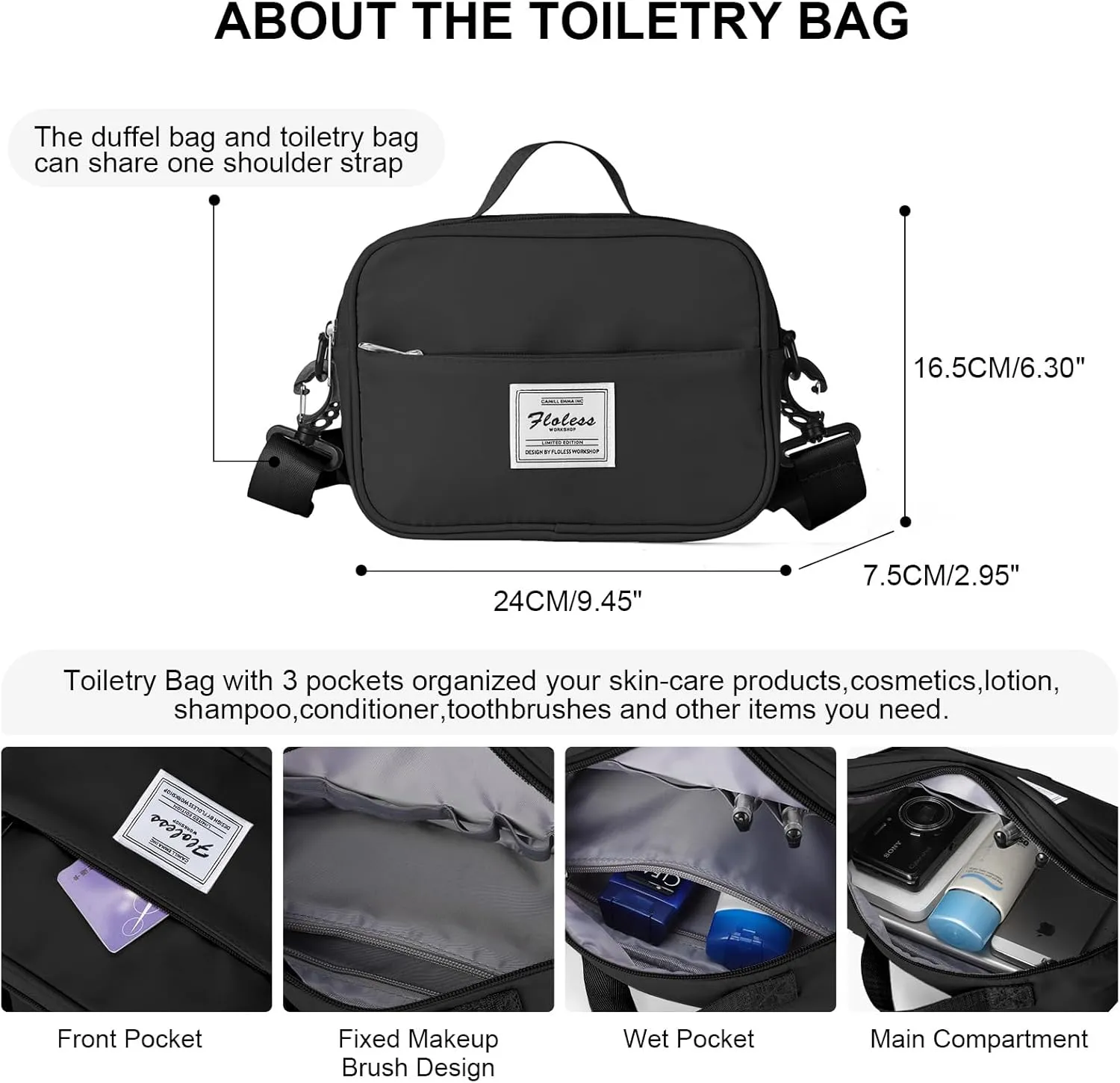 HYC00 Travel Duffel Bag with Toiletry Bag, Sports Tote Gym Bag, Shoulder Weekender Overnight Bag for Women,Black & Brown