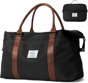 HYC00 Travel Duffel Bag with Toiletry Bag, Sports Tote Gym Bag, Shoulder Weekender Overnight Bag for Women,Black & Brown