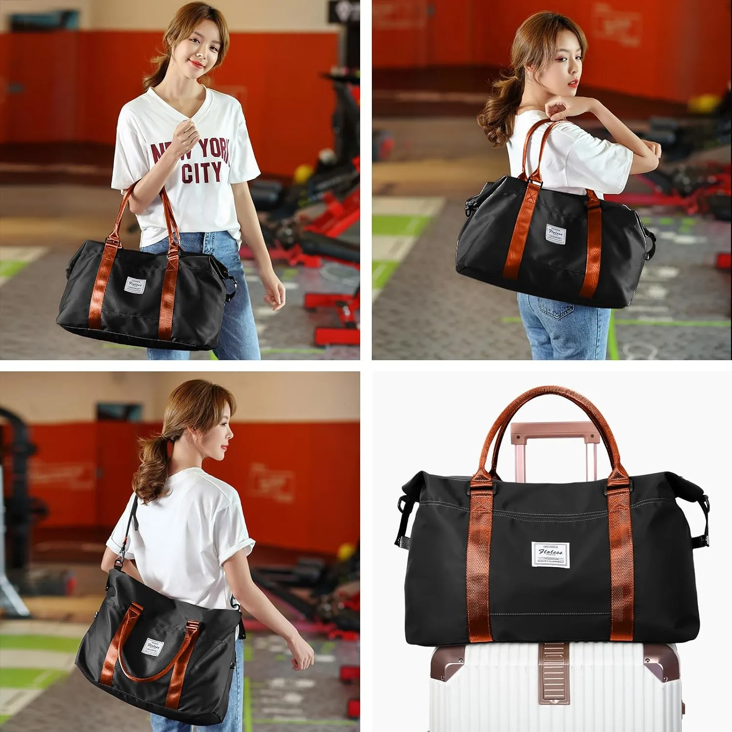 HYC00 Travel Duffel Bag with Toiletry Bag, Sports Tote Gym Bag, Shoulder Weekender Overnight Bag for Women,Black & Brown