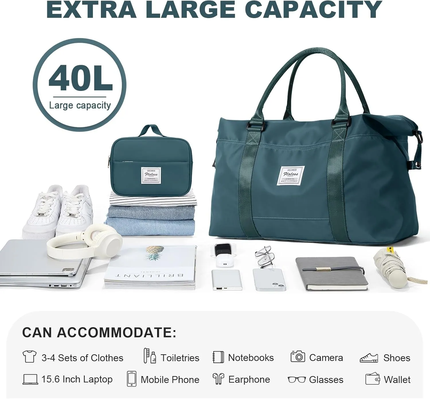 HYC00 Travel Duffel Bag with Toiletry Bag,Weekender Overnight Bag for Women,Carry-on Bag with Wet Pocket,Gym Bag,Extra Large,Peacock Blue