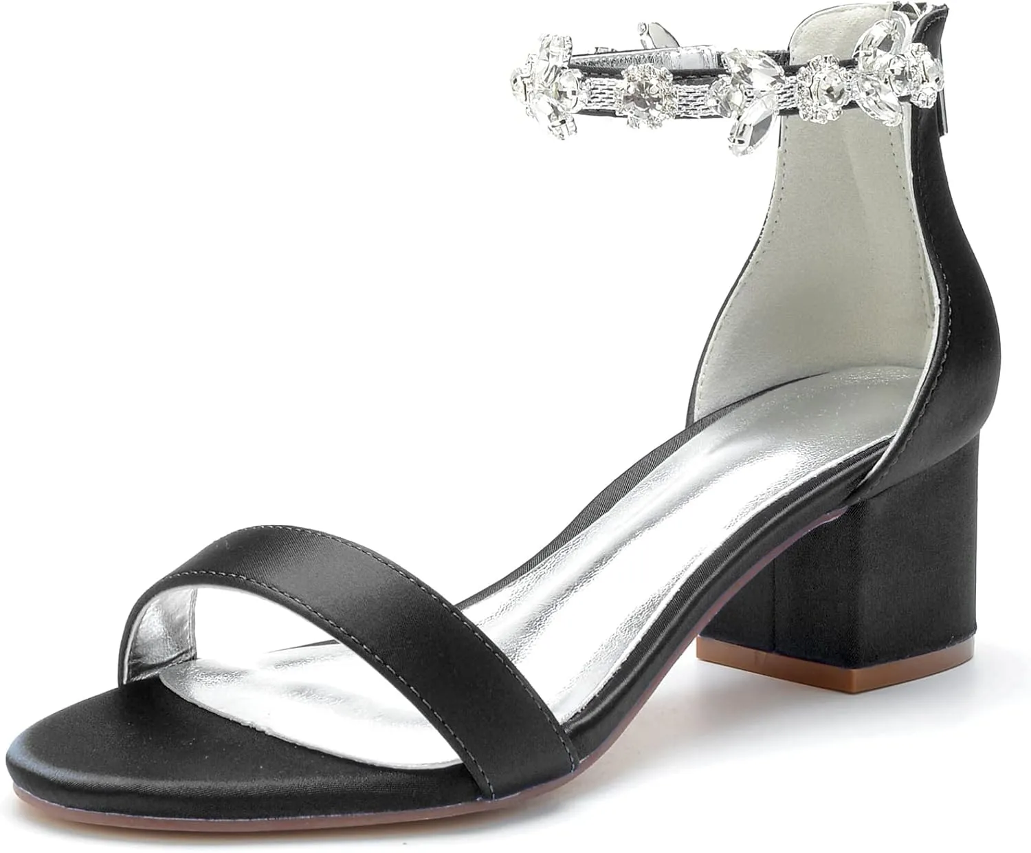 Hyinlays Women's Block Heel Chunky Crystal Sandals Satin Wedding Dress Shoes Low Heel for Bride Evening Prom Party Pumps