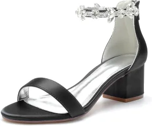 Hyinlays Women's Block Heel Chunky Crystal Sandals Satin Wedding Dress Shoes Low Heel for Bride Evening Prom Party Pumps