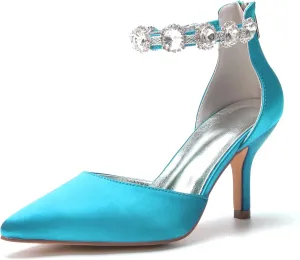 Hyinlays Women's Closed Pointed Toe High Heel Satin Ankle Strap Pumps Wedding Bridal Evening Party Dress Shoes
