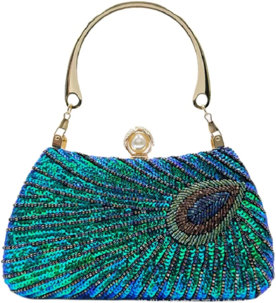 IAMUHI Women Vintage Peacock Evening Handbag Clutch Sparkling Sequins Evening Bag Handle Chain Clutch Purse