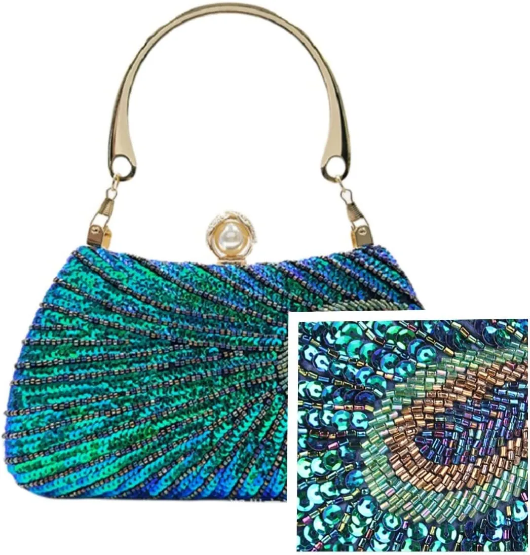 IAMUHI Women Vintage Peacock Evening Handbag Clutch Sparkling Sequins Evening Bag Handle Chain Clutch Purse