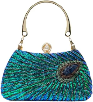 IAMUHI Women Vintage Peacock Evening Handbag Clutch Sparkling Sequins Evening Bag Handle Chain Clutch Purse
