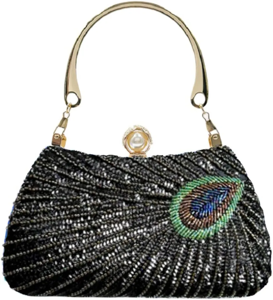 IAMUHI Women Vintage Peacock Evening Handbag Clutch Sparkling Sequins Evening Bag Handle Chain Clutch Purse