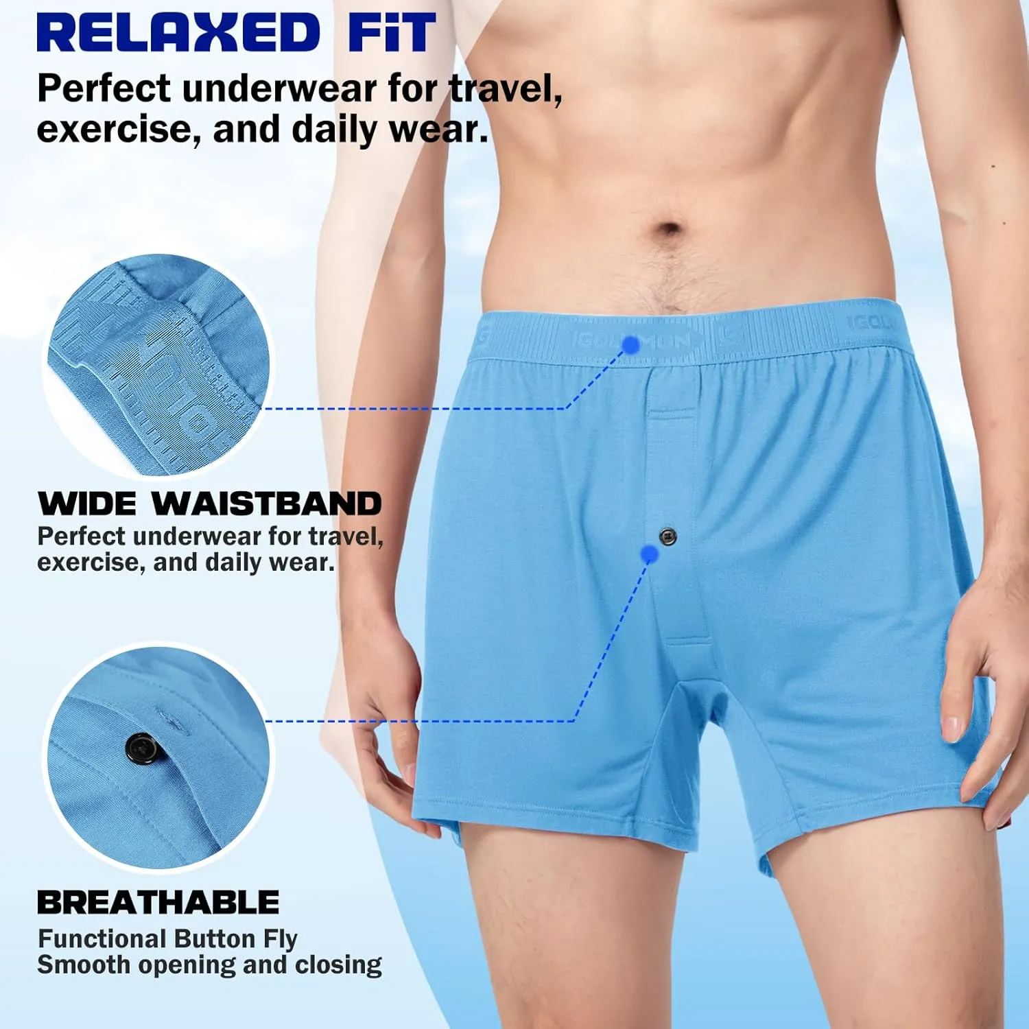 IGOLUMON Mens Underwear Boxer Shorts 5 Pack Bamboo Rayon Boxers for Men Classic Relaxed Fit Boxer Shorts with Button Fly