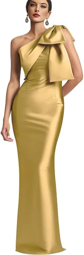 IIF One Shoulder Bow Prom Dress for Women Mermaid Satin Formal Dresses Long Bodycon Evening Cocktail Gowns IIF043