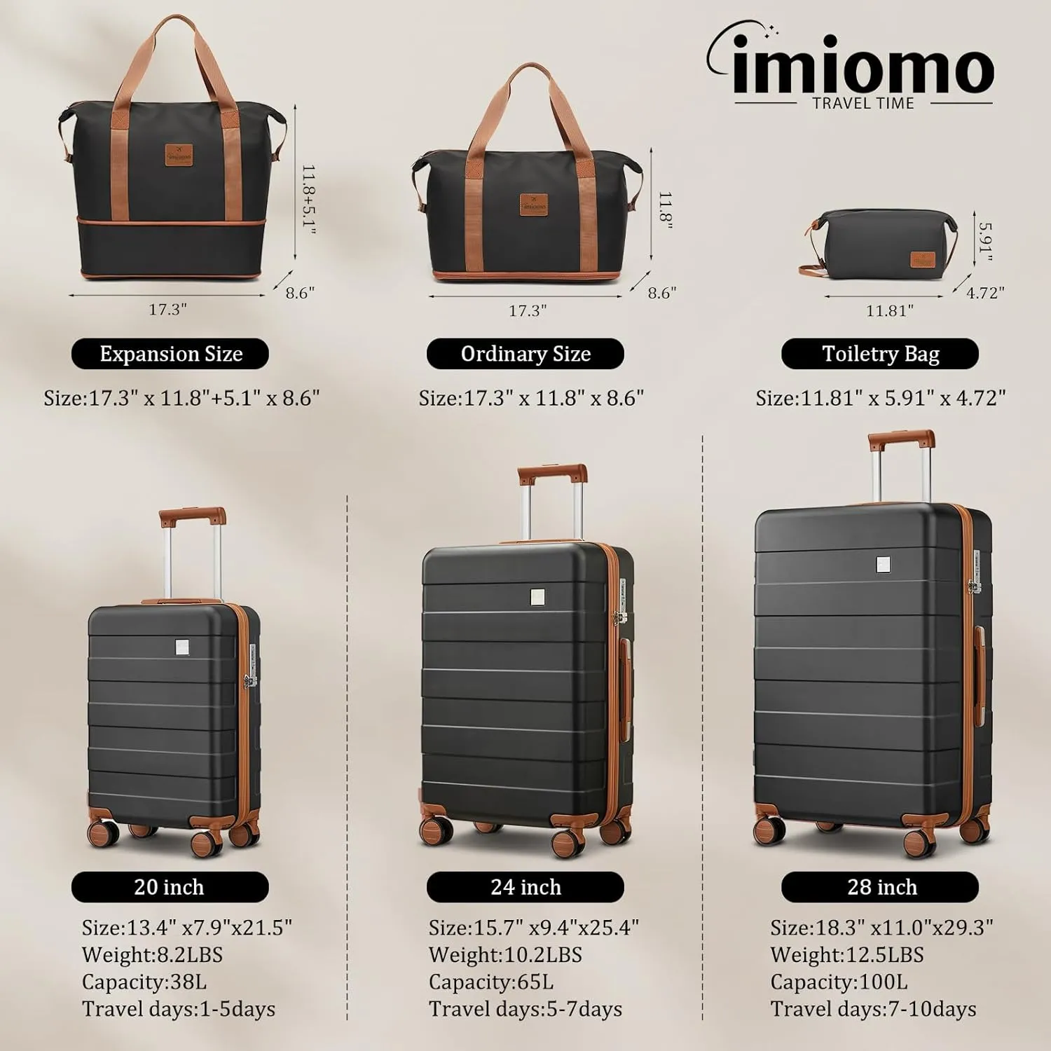 imiomo 24 IN Checked Luggage, Suitcase with Spinner Wheels, Hardside 3PCS Set Lightweight Rolling Travel Luggage with TSA Lock(24"/Black)
