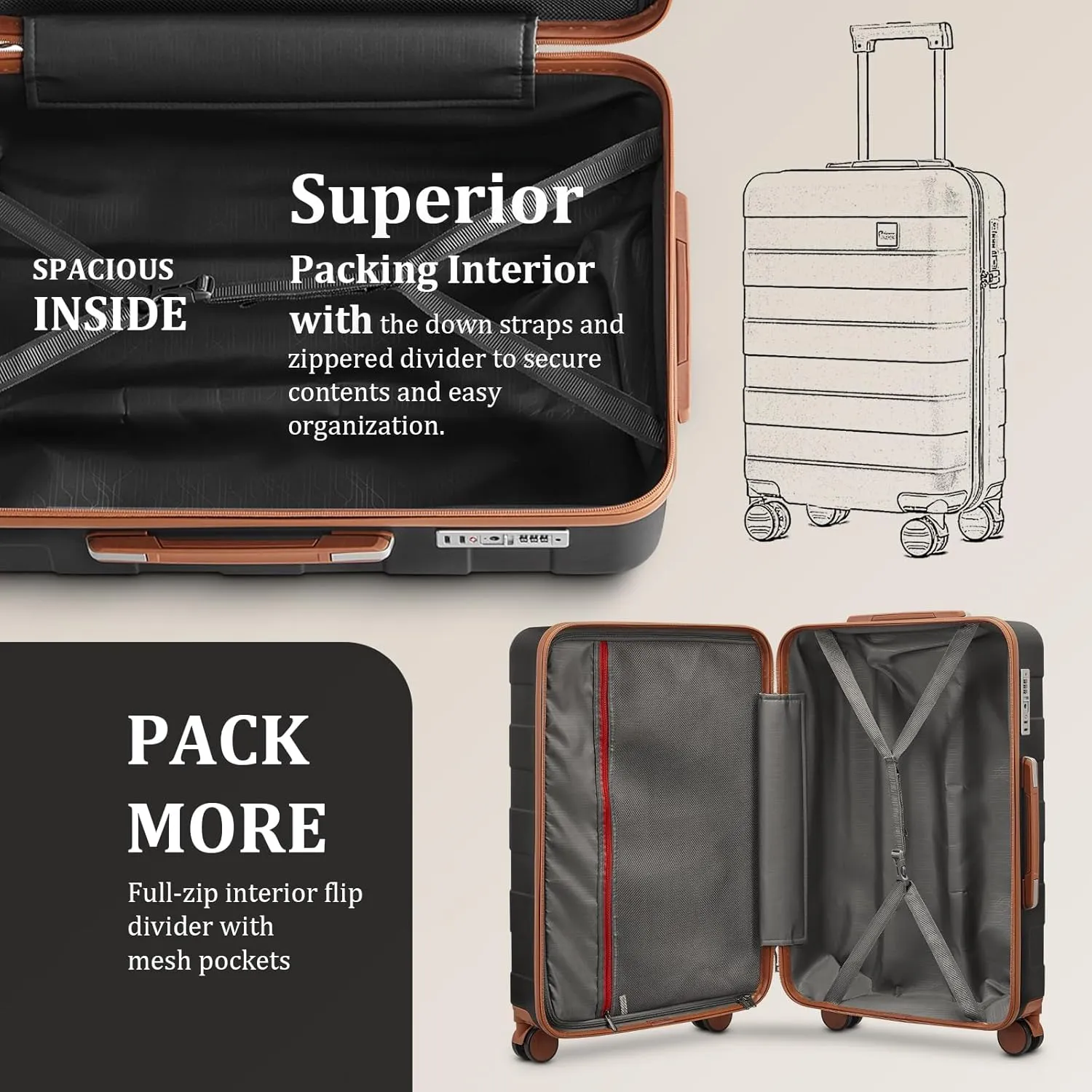 imiomo 24 IN Checked Luggage, Suitcase with Spinner Wheels, Hardside 3PCS Set Lightweight Rolling Travel Luggage with TSA Lock(24"/Black)