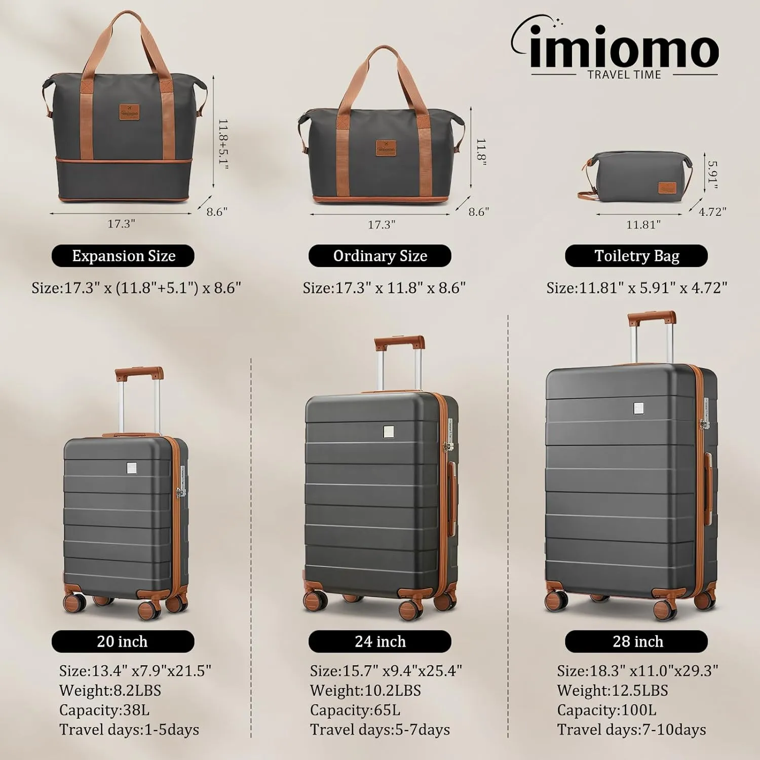 imiomo 3 Piece Luggage Sets,Suitcase with Spinner Wheels,Luggage Set Clearance for Women, Lightweight Rolling Hardside Travel Luggage with TSA Lock (Checked Luggage 24IN, Grey)