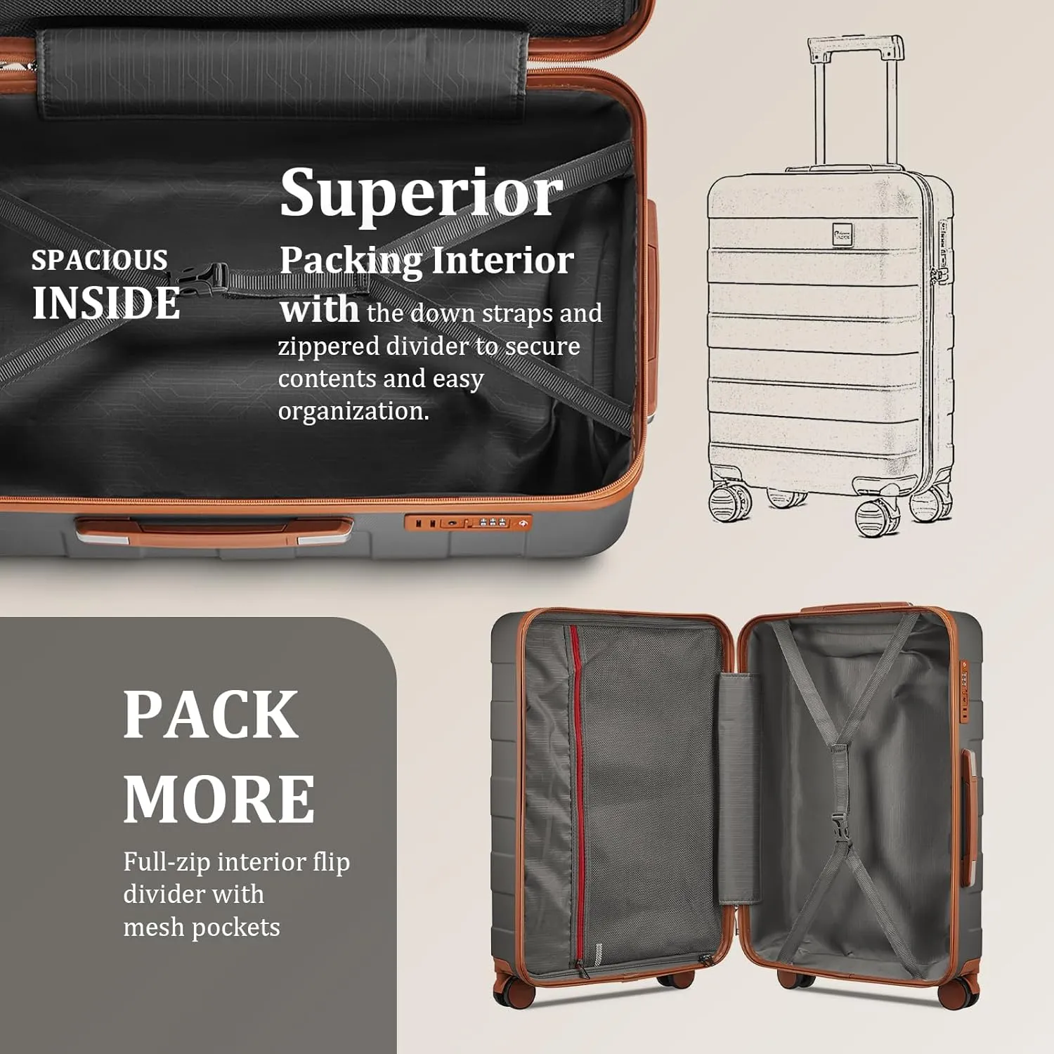 imiomo 3 Piece Luggage Sets,Suitcase with Spinner Wheels,Luggage Set Clearance for Women, Lightweight Rolling Hardside Travel Luggage with TSA Lock (Checked Luggage 24IN, Grey)