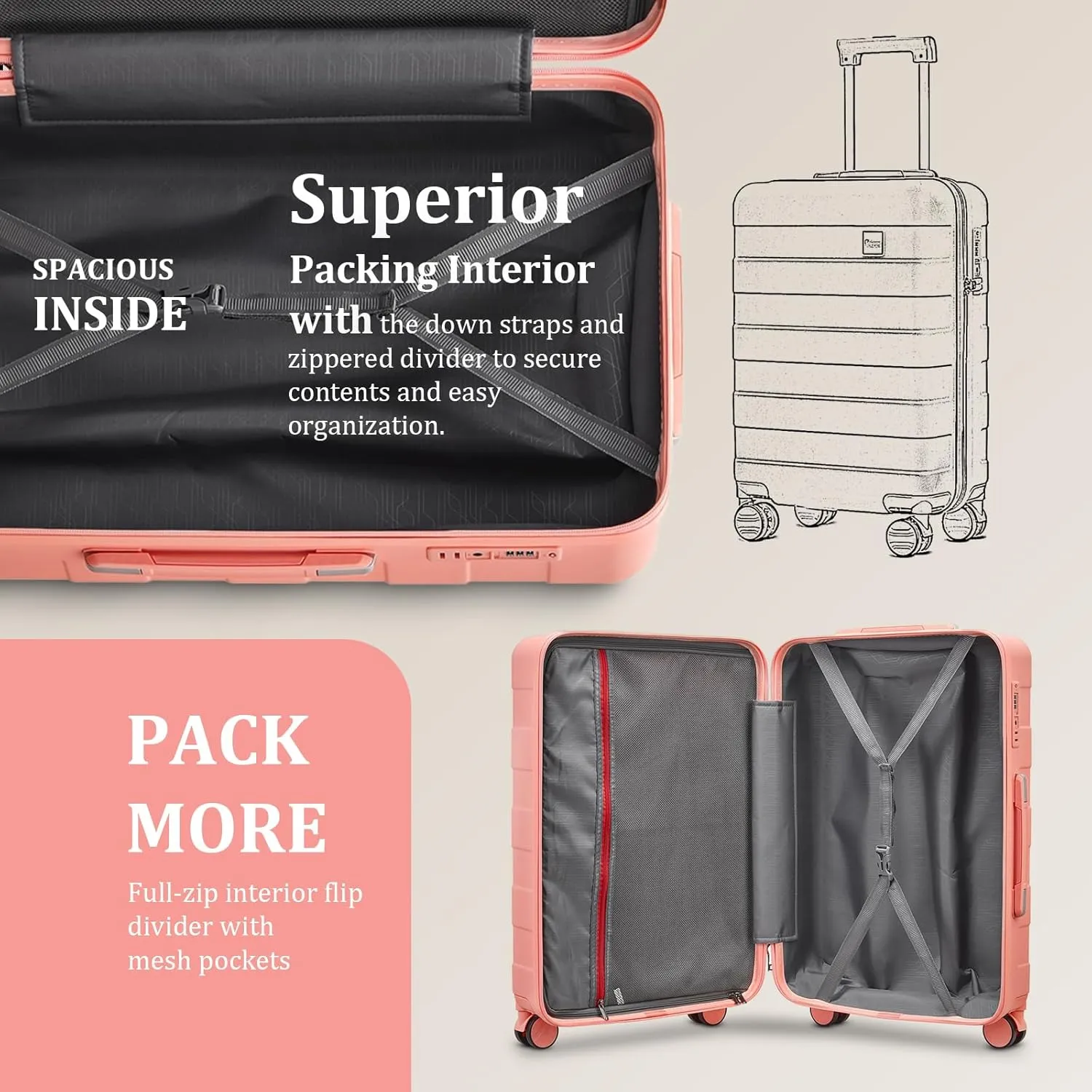 imiomo Luggage Sets 2 Piece Check and Large,Hardside Suitcase with Spinner Wheels, Lightweight Rolling Travel Luggage with TSA Lock (Pink, 4PCS)