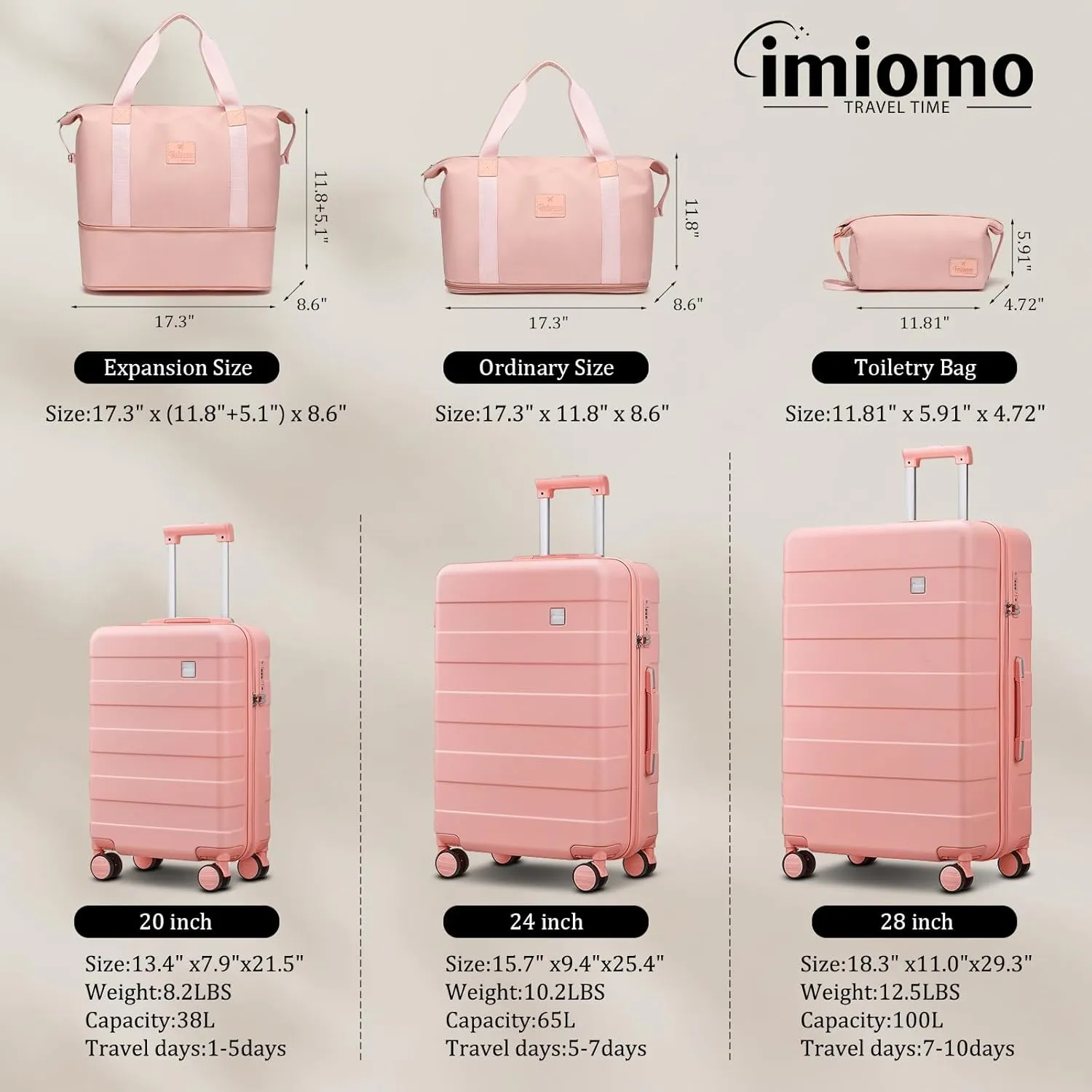 imiomo Luggage Sets 2 Piece Check and Large,Hardside Suitcase with Spinner Wheels, Lightweight Rolling Travel Luggage with TSA Lock (Pink, 4PCS)