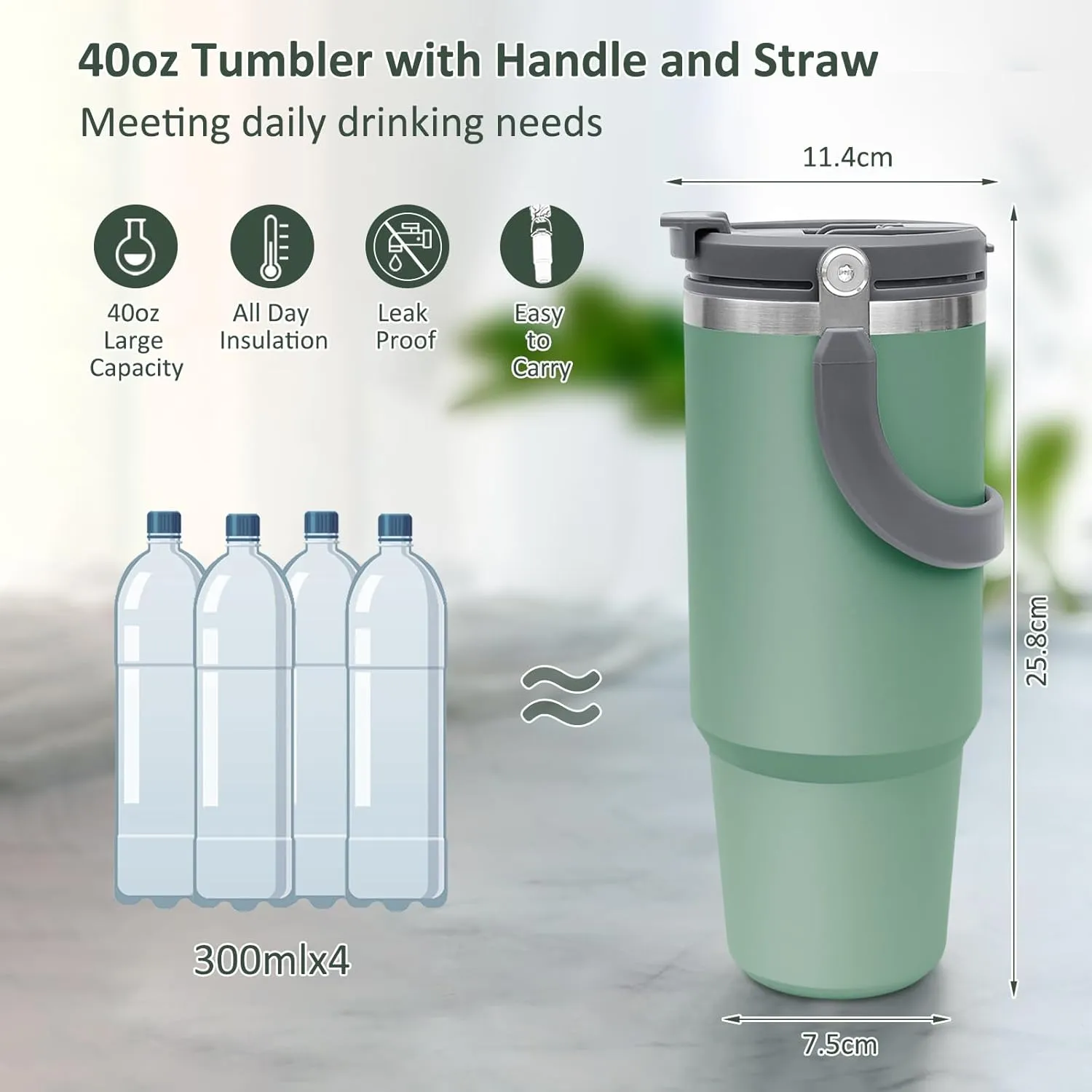 INDARUN Tumbler with Handle and Straw 40 oz Tumbler Cups - Coffee Tumbler - Stainless Steel Double Wall Vacuum Insulated tumblers, Leak Proof Travel Coffee Mug, Ice for 24h, Hot for 12h