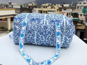 Indian Blue Pure Cotton Very Beautiful Quilted Duffle Bag Block Printed Handmade Multiuse Shopping Duffle Bag.