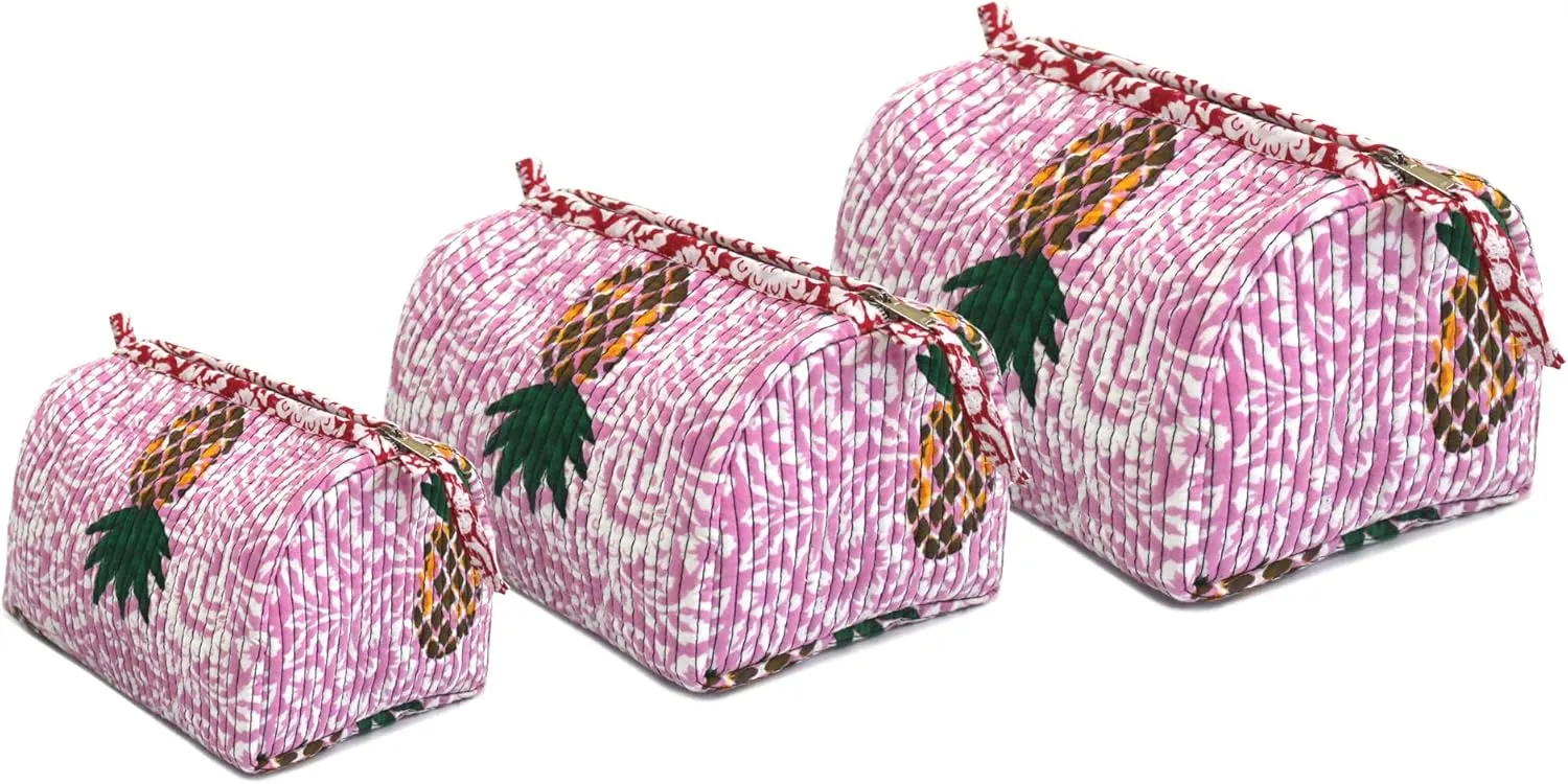 INDIAN CRAFT CASTLE ICC accessory toiletry bag for hair products, toiletries small storage travel dopp shaving kit clipper medication bag men pouch toilet zipper bag (Pink And Green, Set of 3)